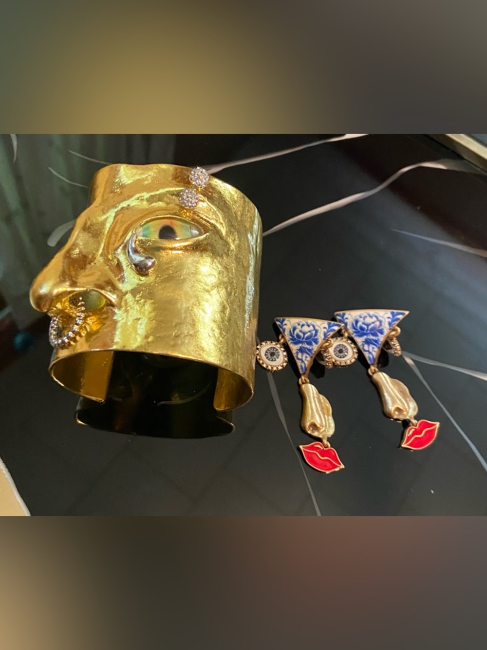 Schiaparelli Surrealist Gold Cuff Bracelet & Surrealist Fanstar Earrings #126